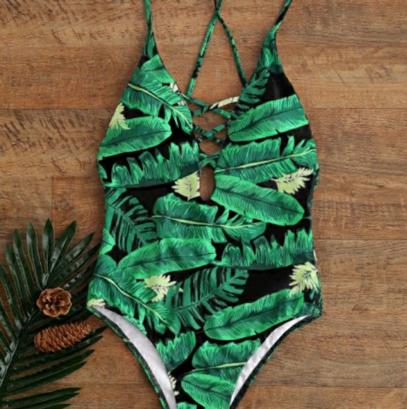 Nwt Palm Print Backless Plunge Padded One Piece - Picture 1 of 11